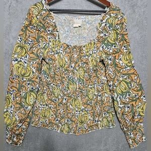 Anthropologie Rayna Smocked Blouse Yellow, Orange, and Green Floral Print XL